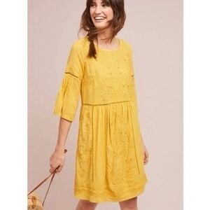Anthropologie Yellow Embroidered Women's Dress